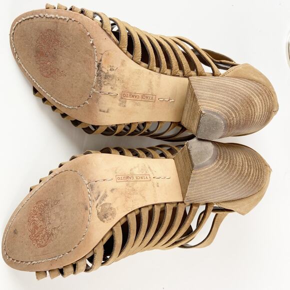 Vince Camuto Taupe Leather Gladiator Sandals 8.5M | Strappy Boho Chic Heels - Picture 7 of 16
